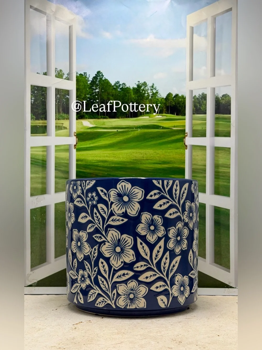 Blue and White Floral Ceramic Planter with Drainage Hole, 7 Inch Flower Pot
